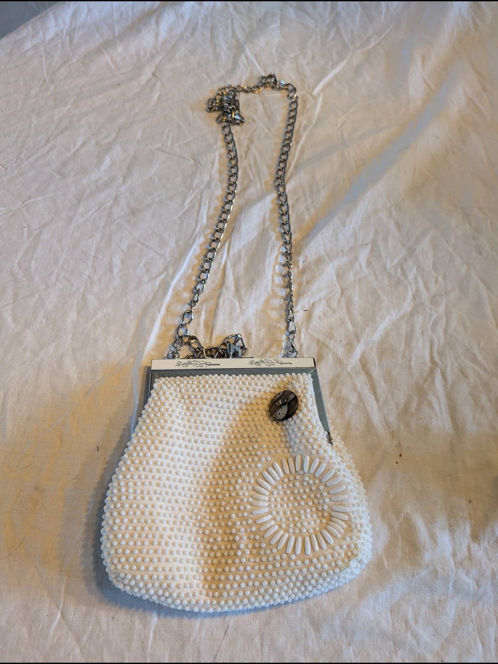 2/40$ Vintage White Beaded Clutch with Silver Chain